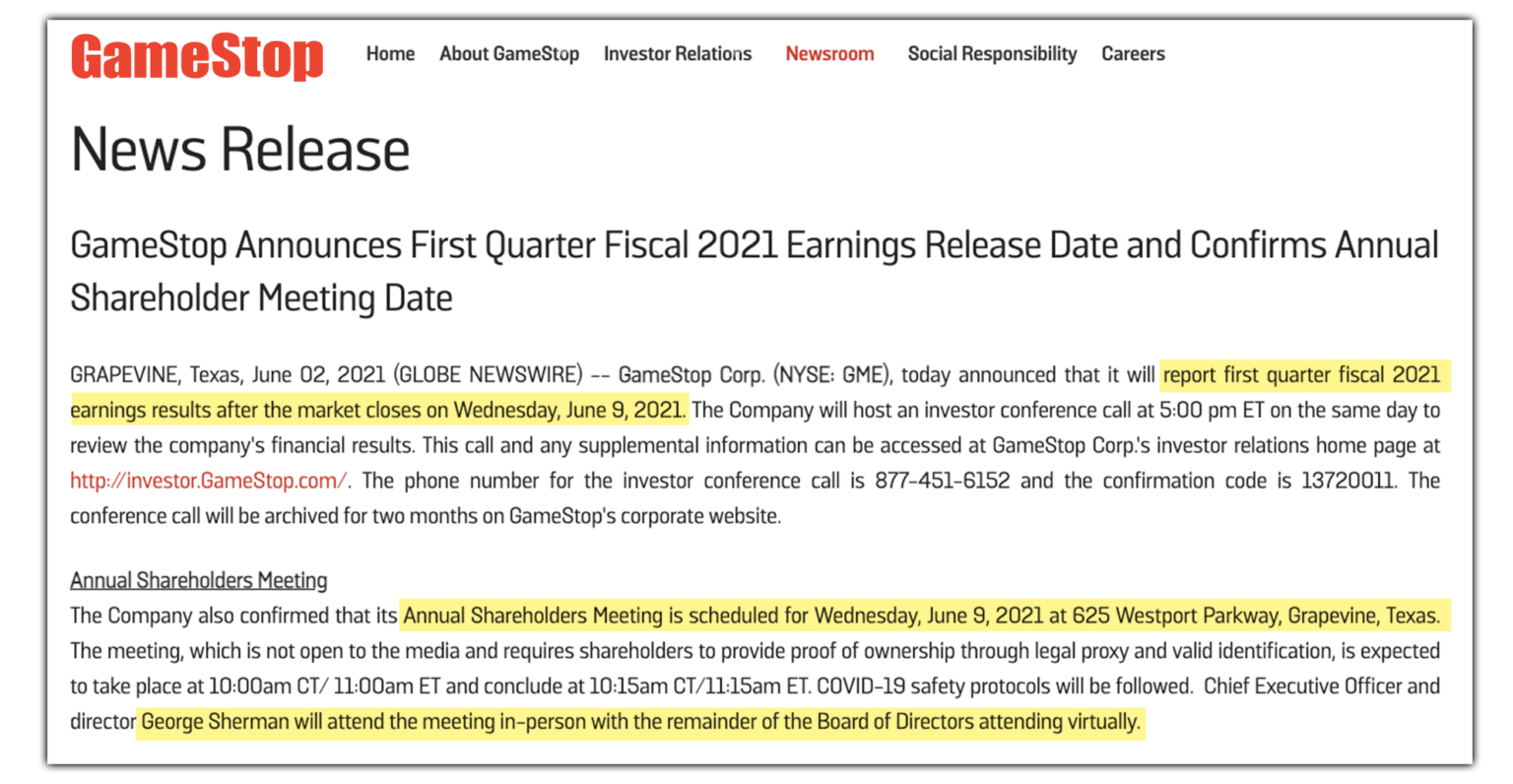 GameStop Announces Q1 2021 Earnings Date, Annual Shareholder Meeting