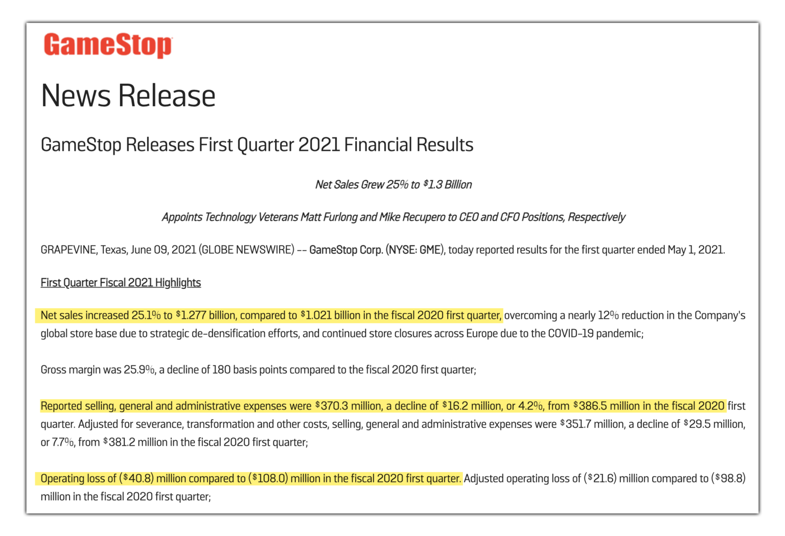 GameStop Releases Q1 2021 Financial Results GameStop Due Diligence