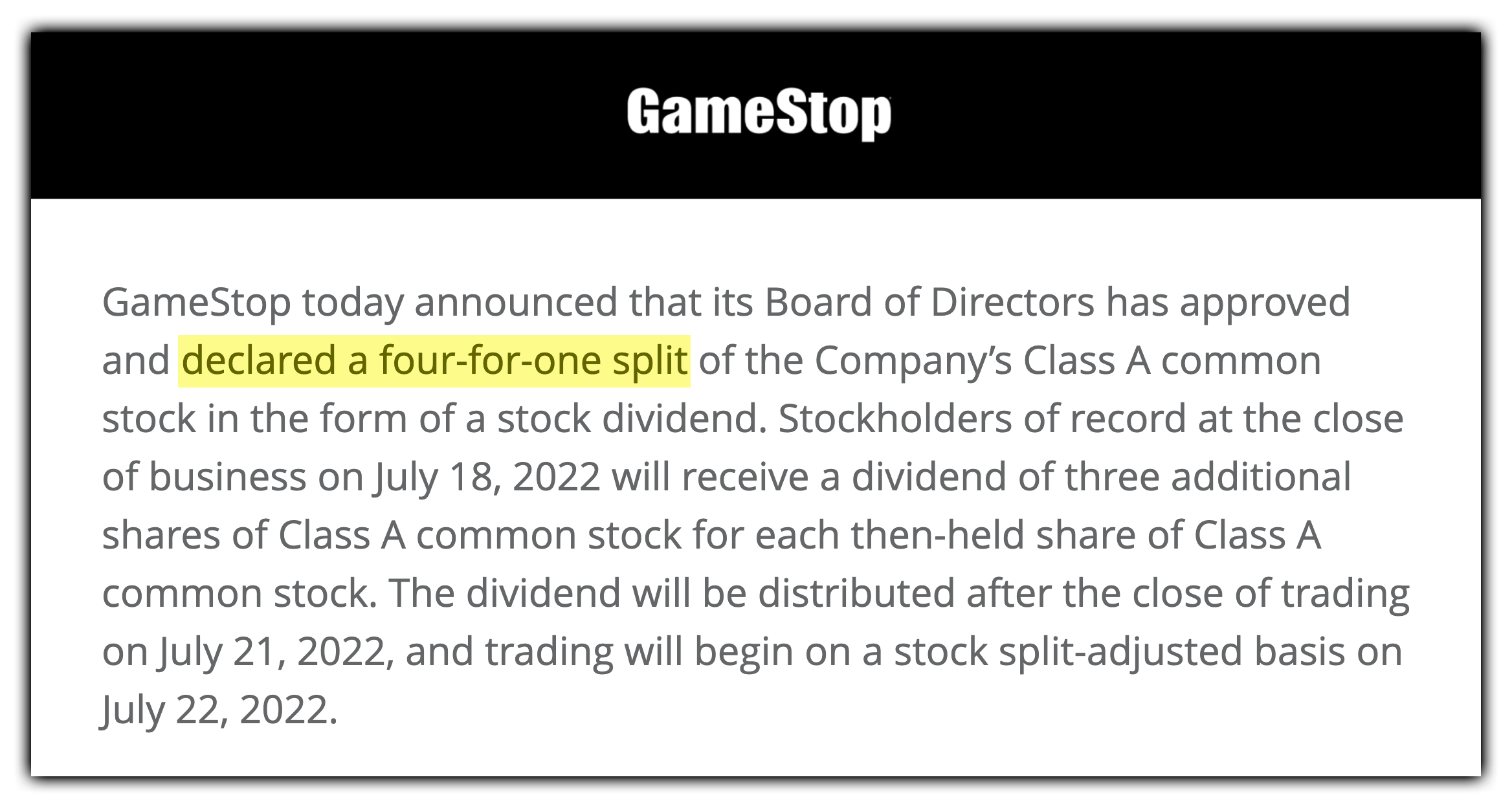 GameStop Board Declares Four-for-One Stock Split | GameStop Due Diligence •  GMEdd.com